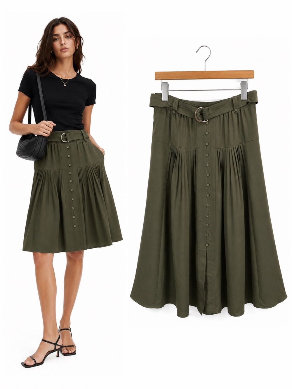 WHBM Olive Green Pleated Midi Skirt Belted Button Front A-Line Size 8P